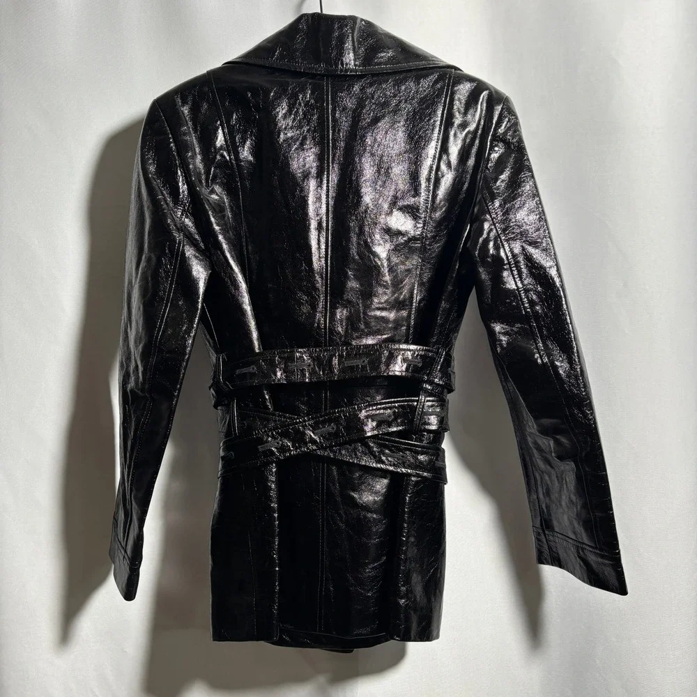 $980 ROARI‎ Kennedy Trench Black Glazed Cow Leather Womens S Belted NYC USA Made